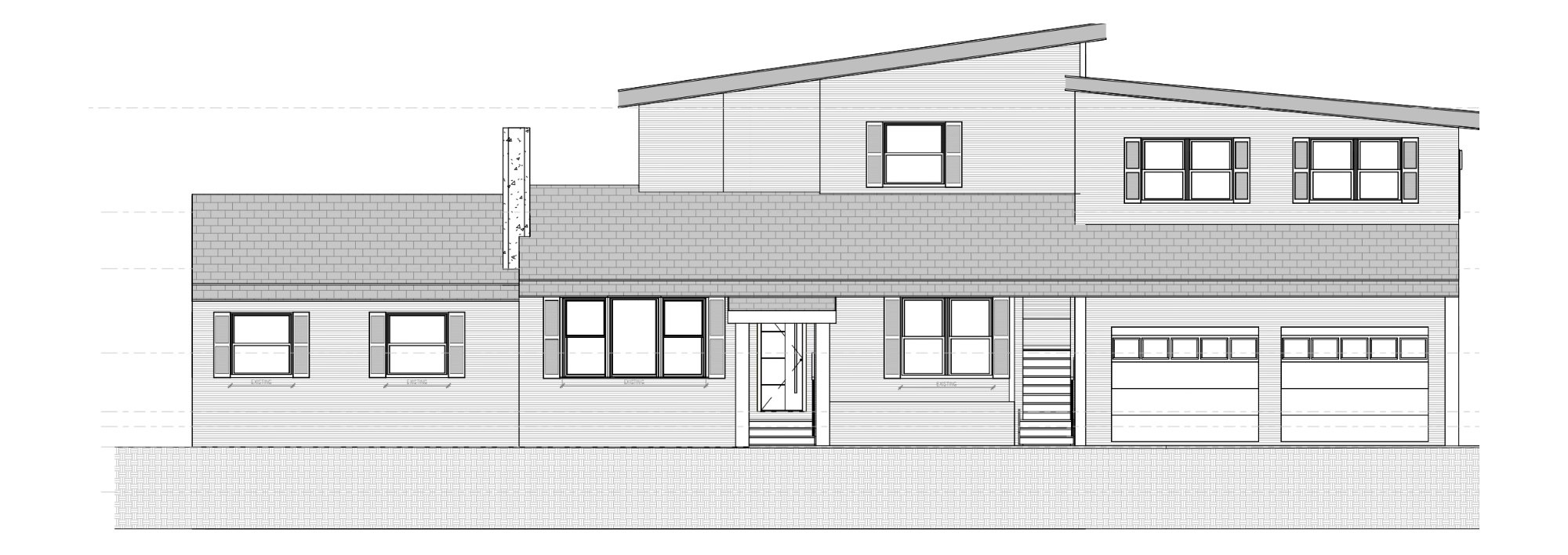 Proposed front elevation of 55 Hartley Avenue showing the second floor addition and two-car garage